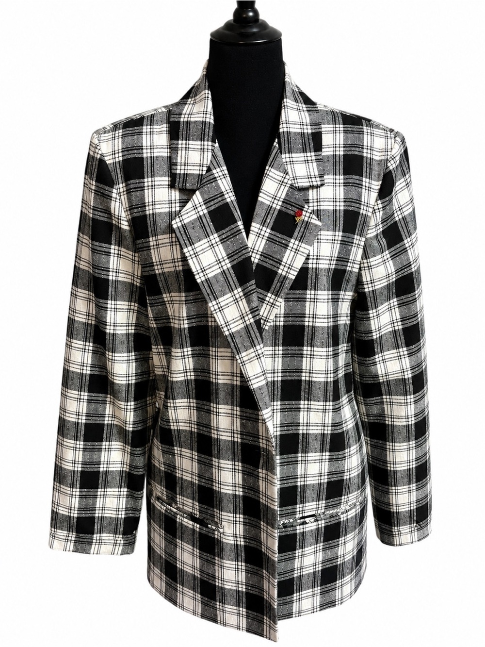 Vintage Black & White Plaid Blazer Tailored Sport Coat with Shoulder Pads
